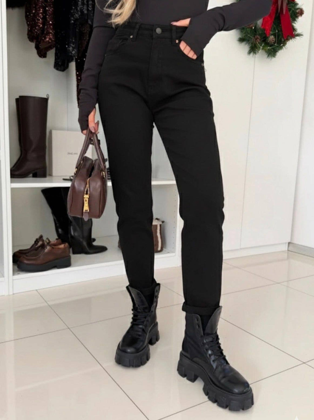 Damen Mom Fit Stretch-Jeans mit hohem Bund