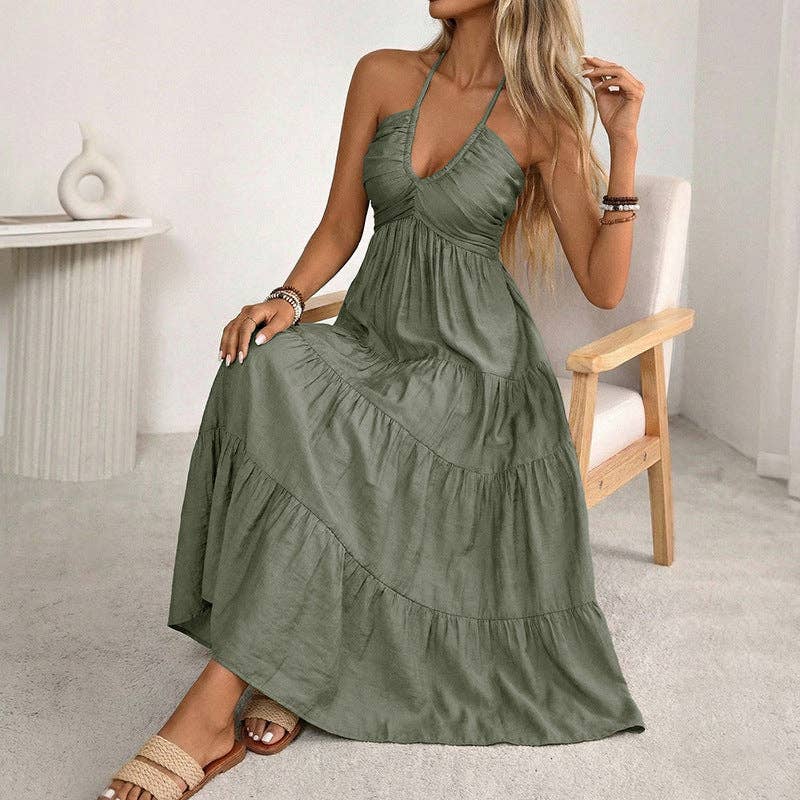 Damen Halter V-Ausschnitt Stufen Maxi Kleid Rückenfrei