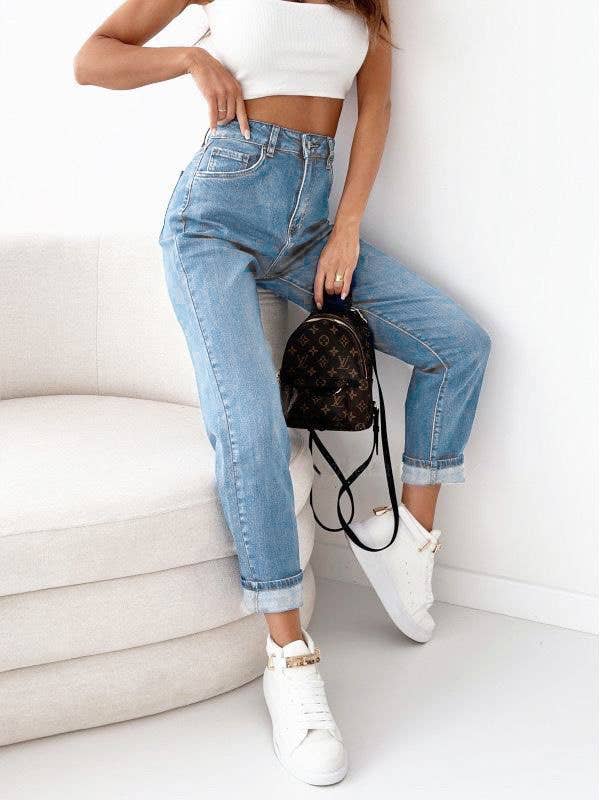 Damen Mom Fit Stretch-Jeans mit hohem Bund