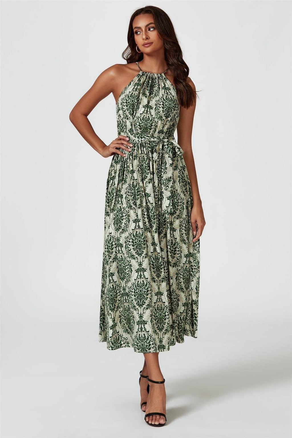 Grünes & Beiges Maxikleid mit Blumenmuster und Halterneck zum Binden