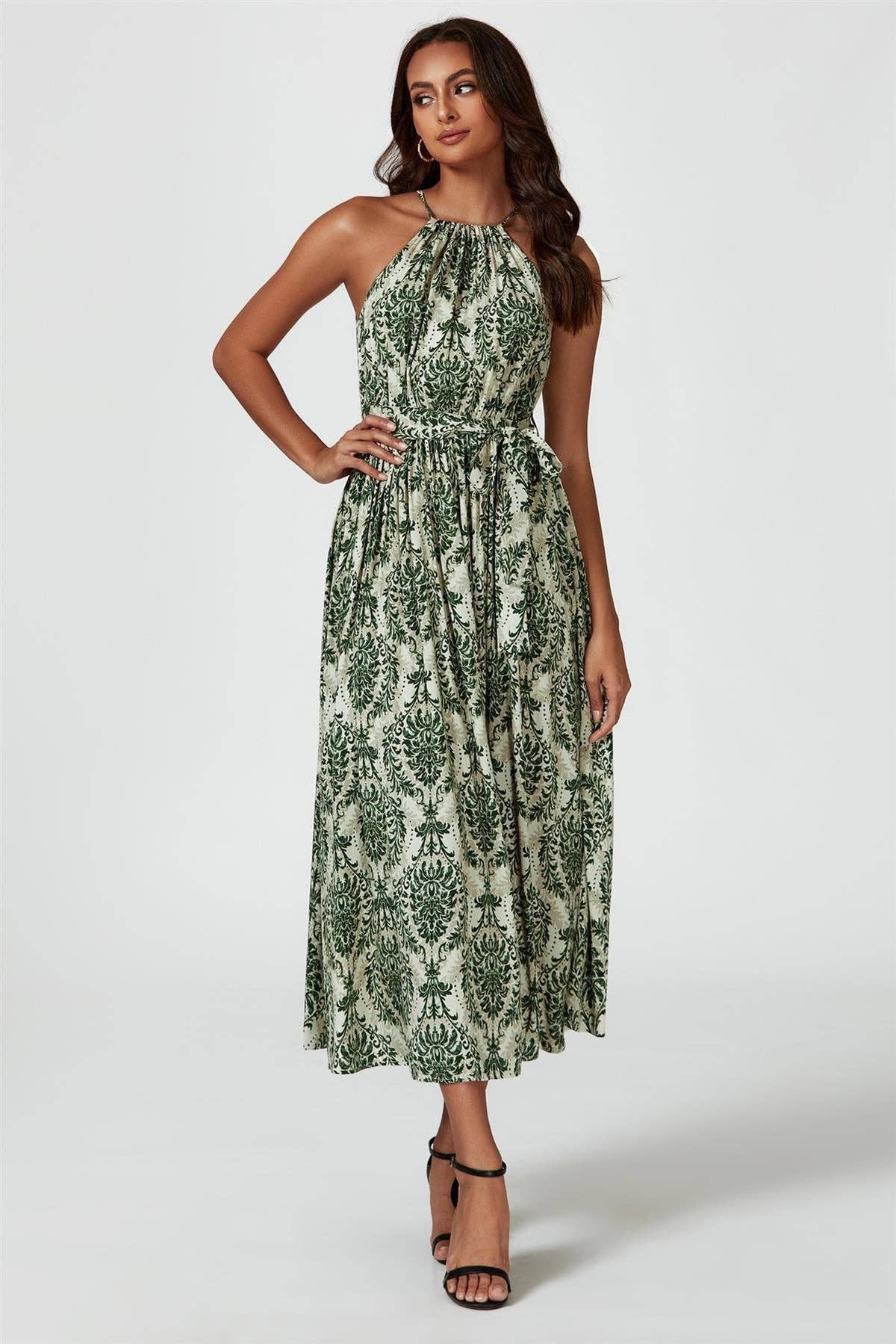 Grünes & Beiges Maxikleid mit Blumenmuster und Halterneck zum Binden