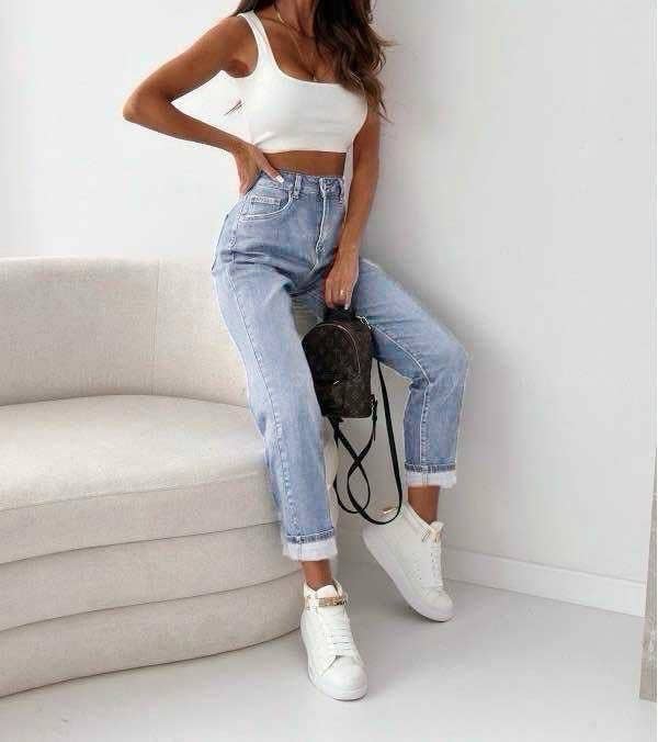 Damen Mom Fit Stretch-Jeans mit hohem Bund