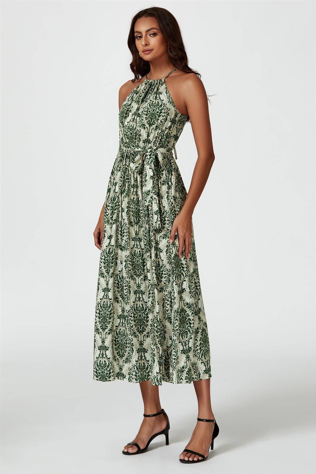 Grünes & Beiges Maxikleid mit Blumenmuster und Halterneck zum Binden