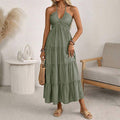 Damen Halter V-Ausschnitt Stufen Maxi Kleid Rückenfrei