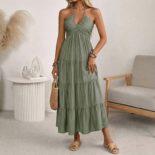Damen Halter V-Ausschnitt Stufen Maxi Kleid Rückenfrei