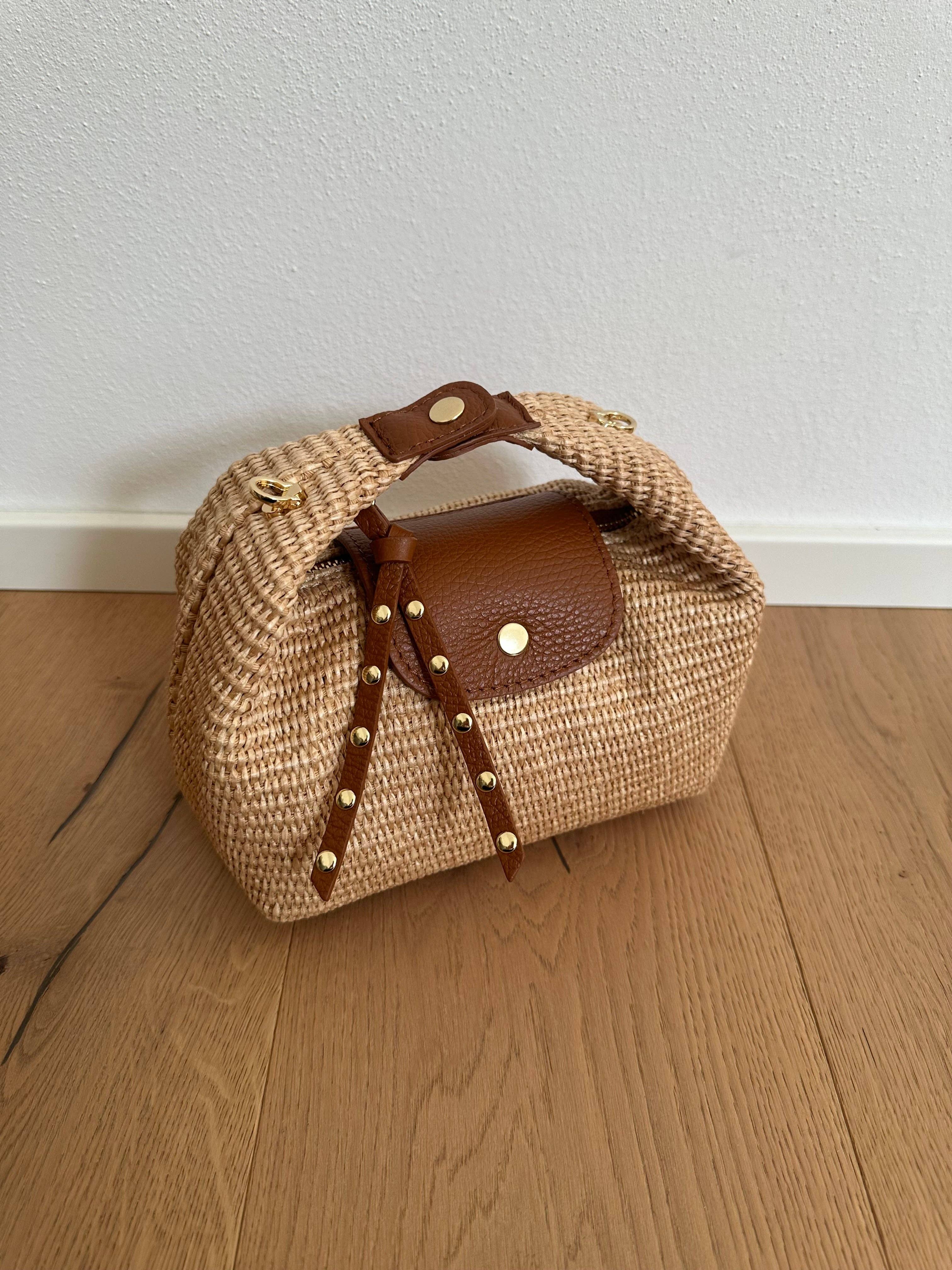 Handtasche aus natürlichem Raffiabast und echtem Leder, Made in Italy