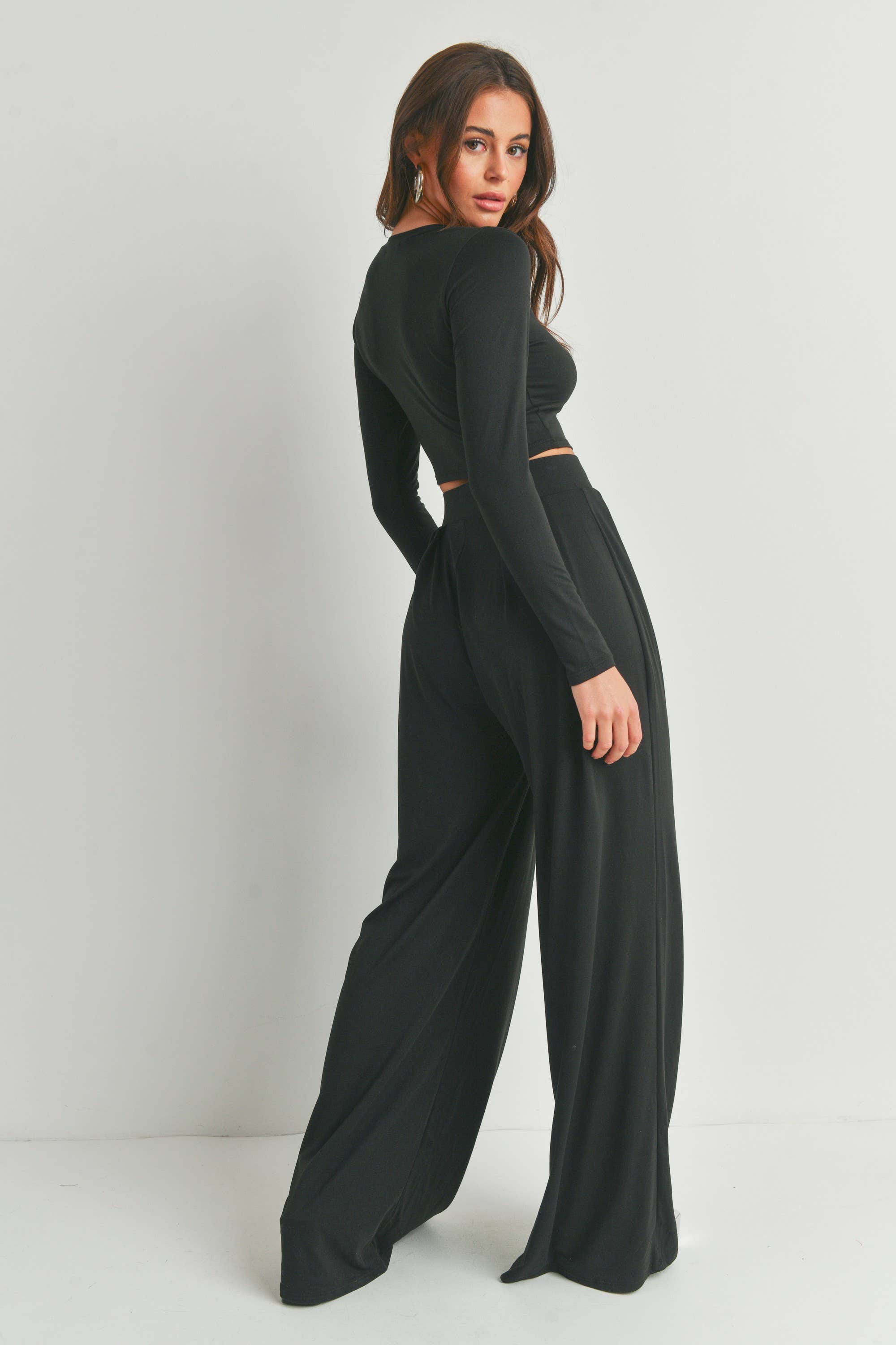 SET AUS CROP-TOP UND HOSE MIT LANGEN ÄRMELN - SCHWARZ