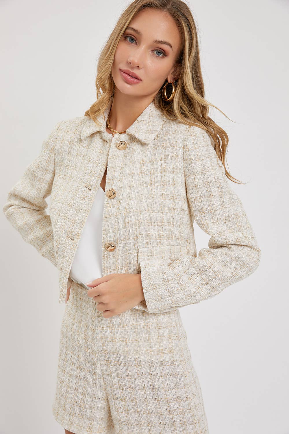 Kurze Tweedjacke/Blazer, elfenbein/gold