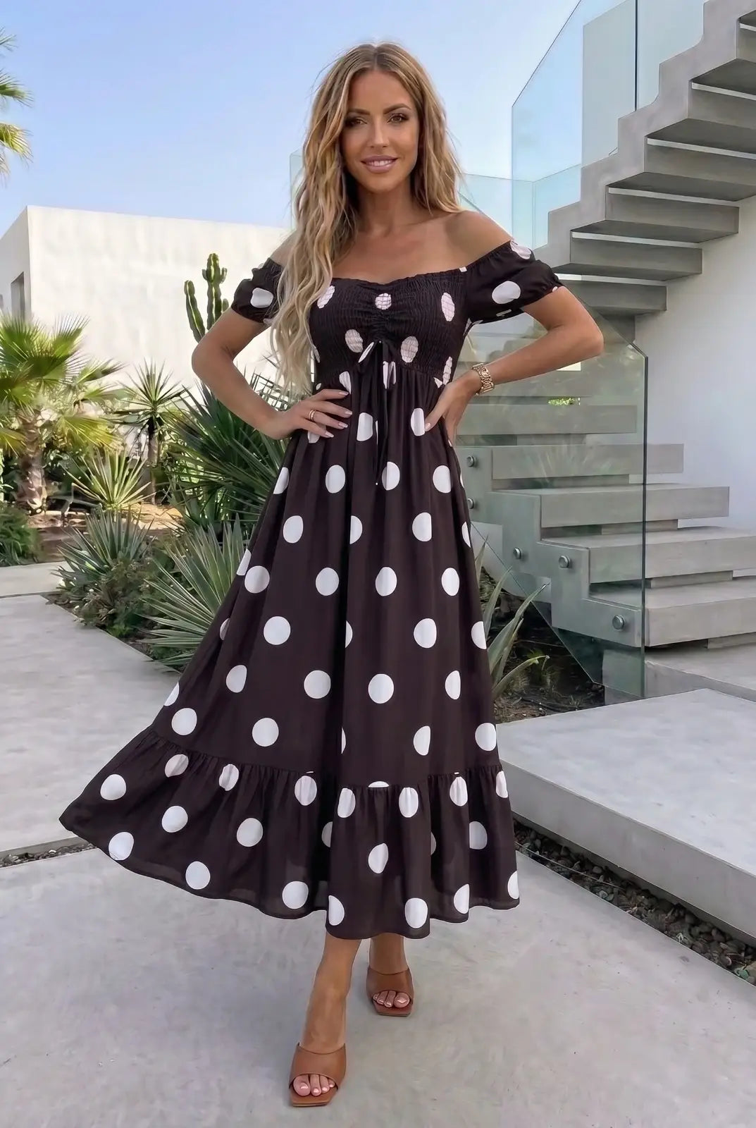 Langes gepunktetes Kleid 100% Viskose - 2747