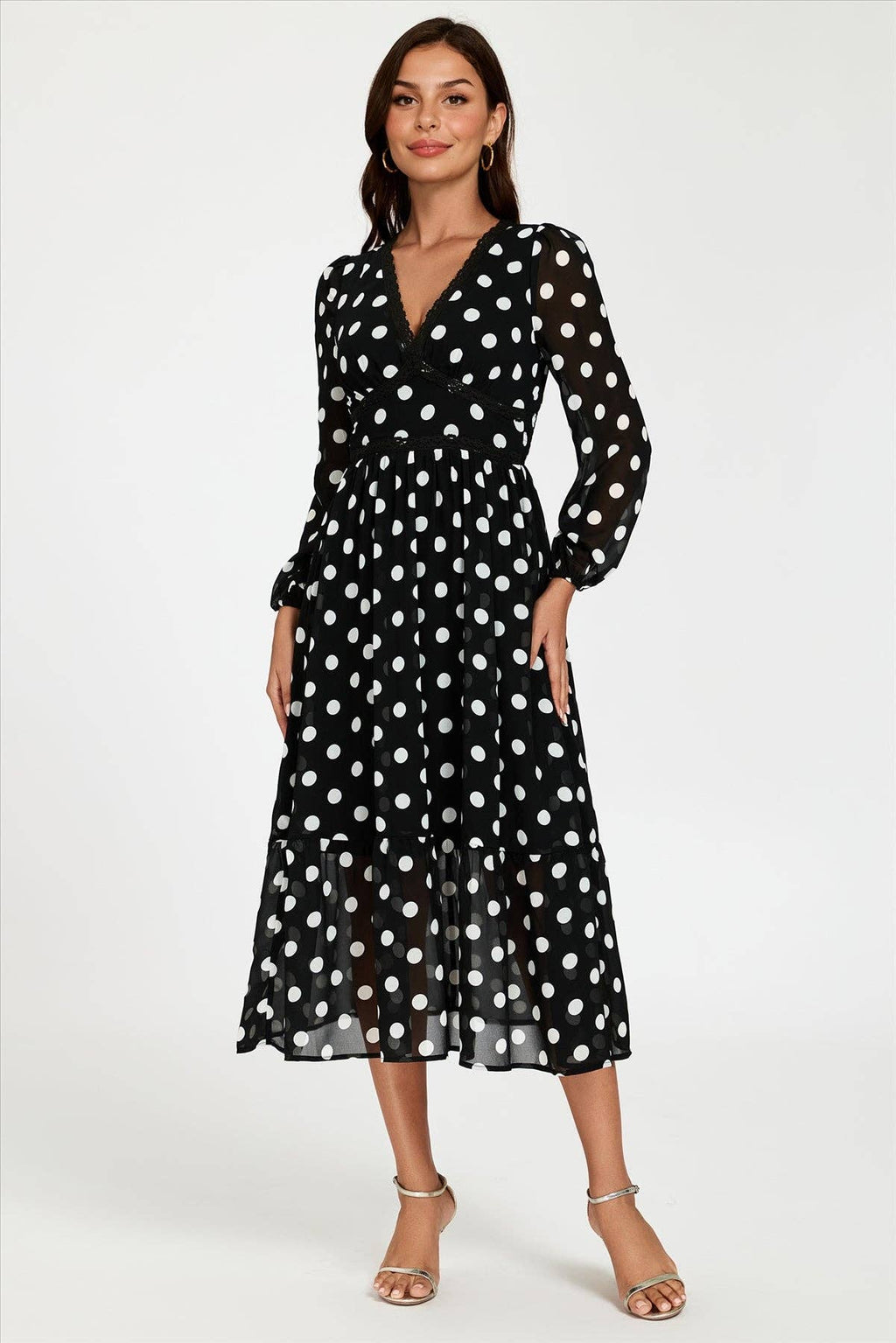 Punktdruck Spitzenbesatz Langarm Maxikleid in Schwarz