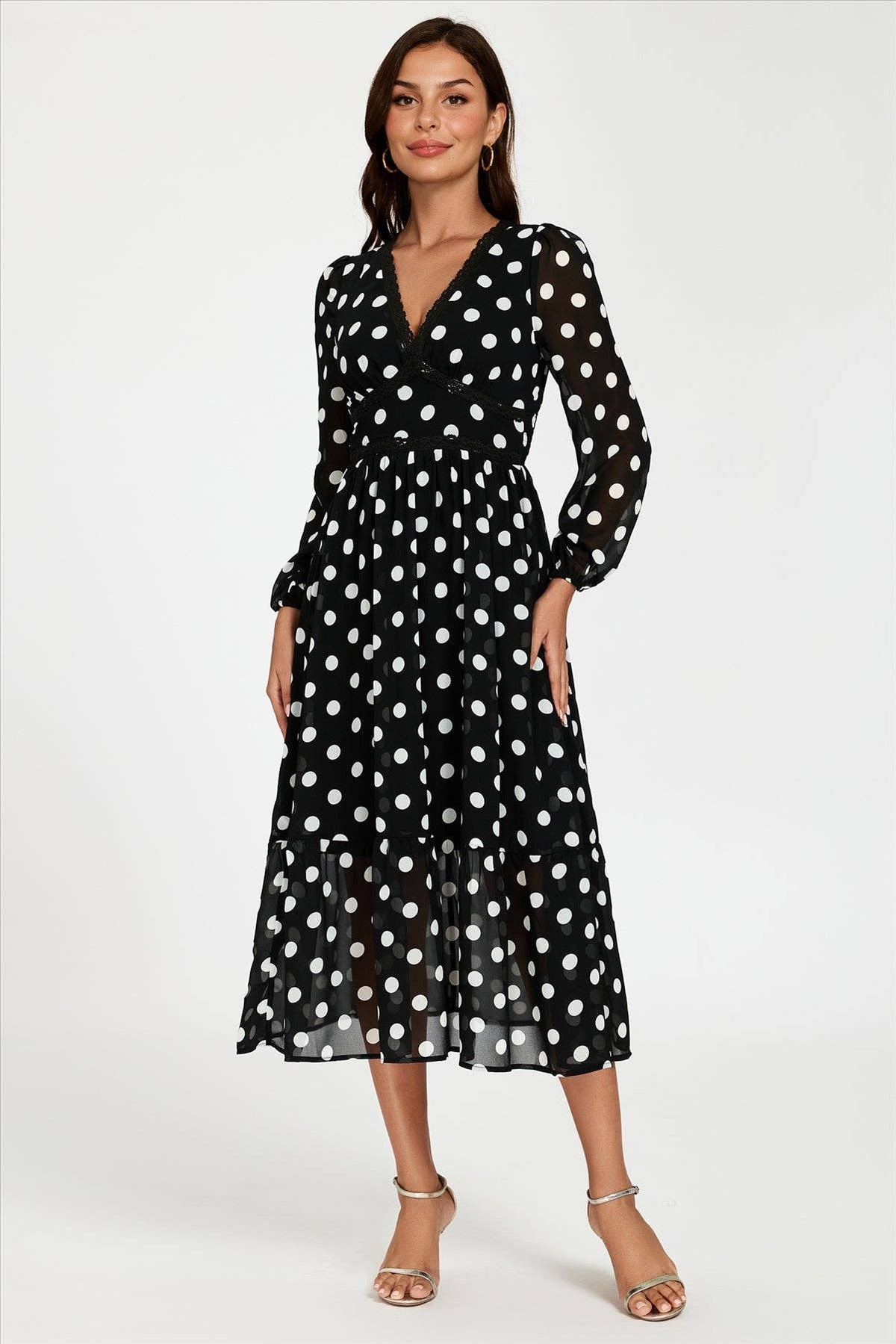 Punktdruck Spitzenbesatz Langarm Maxikleid in Schwarz