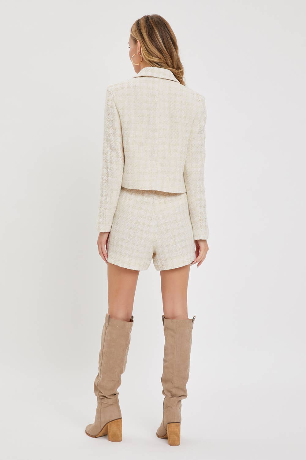 Kurze Tweedjacke/Blazer, elfenbein/gold