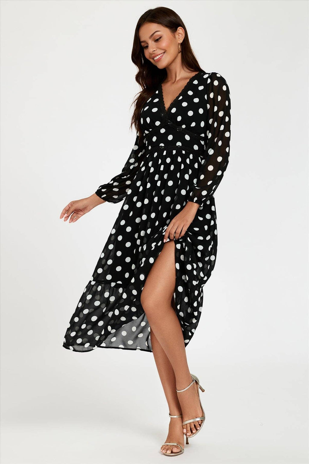 Punktdruck Spitzenbesatz Langarm Maxikleid in Schwarz