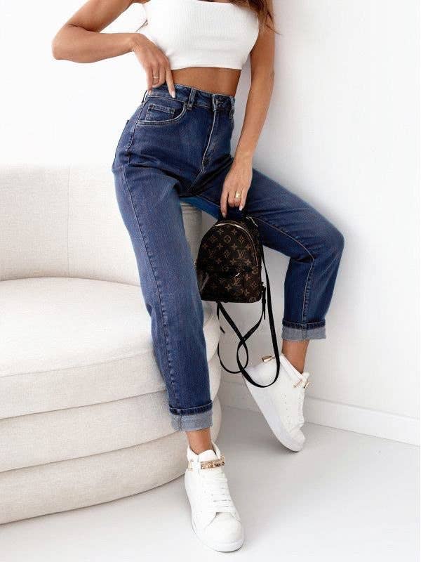 Damen Mom Fit Stretch-Jeans mit hohem Bund