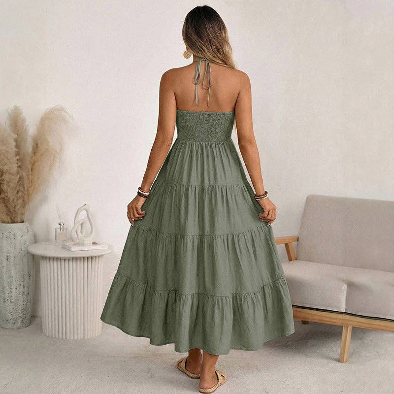 Damen Halter V-Ausschnitt Stufen Maxi Kleid Rückenfrei