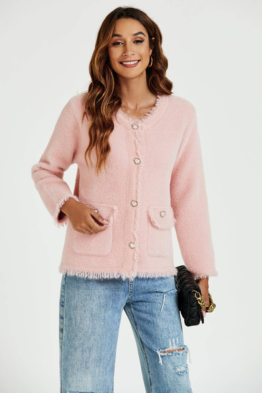 Bouclé-Jacke mit Fransen aus Baumwollmischung in Pink