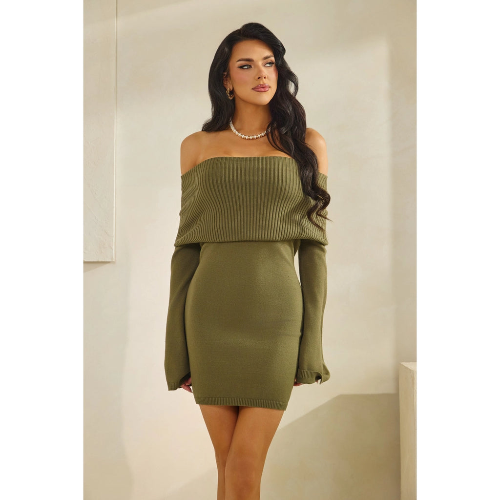 Schulterfreies Pullover-Minikleid - olivegrün