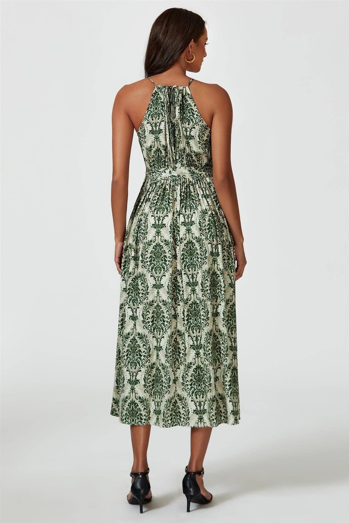 Grünes & Beiges Maxikleid mit Blumenmuster und Halterneck zum Binden