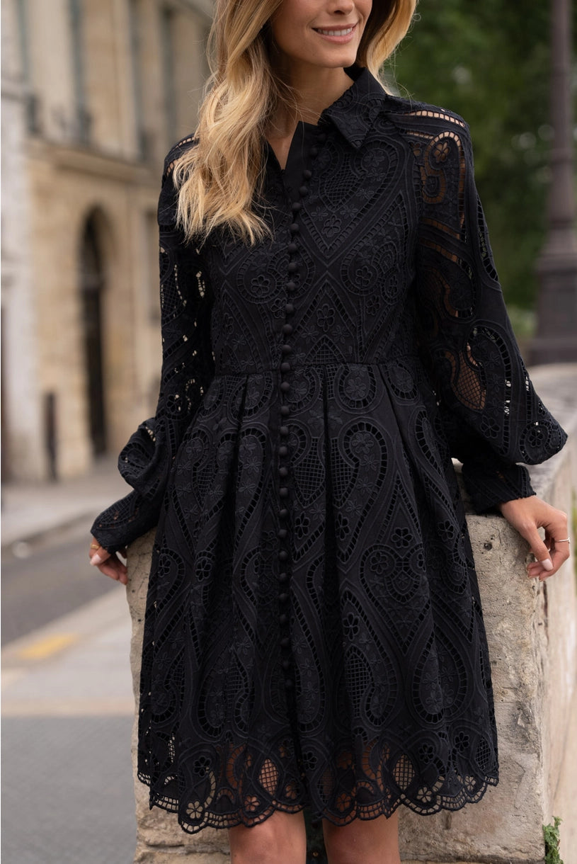 Schwarzes besticktes Baumwollspitzenkleid