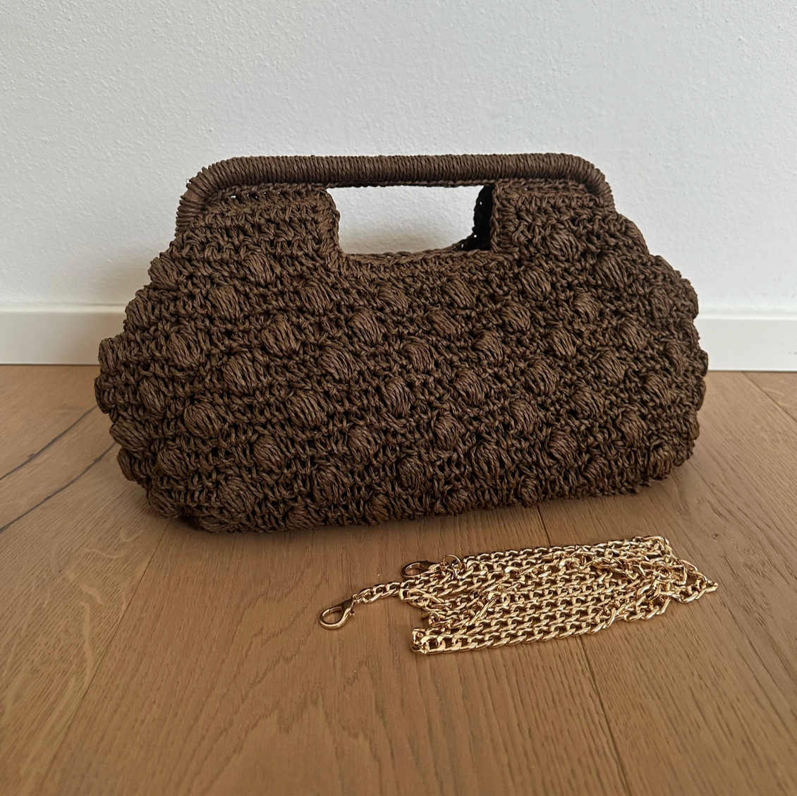 Handtasche aus natürlichem Raffiabast und echtem Leder, Made in Italy