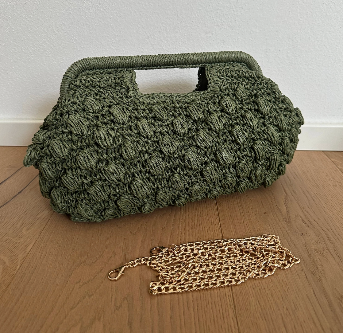 Handtasche aus natürlichem Raffiabast und echtem Leder, Made in Italy