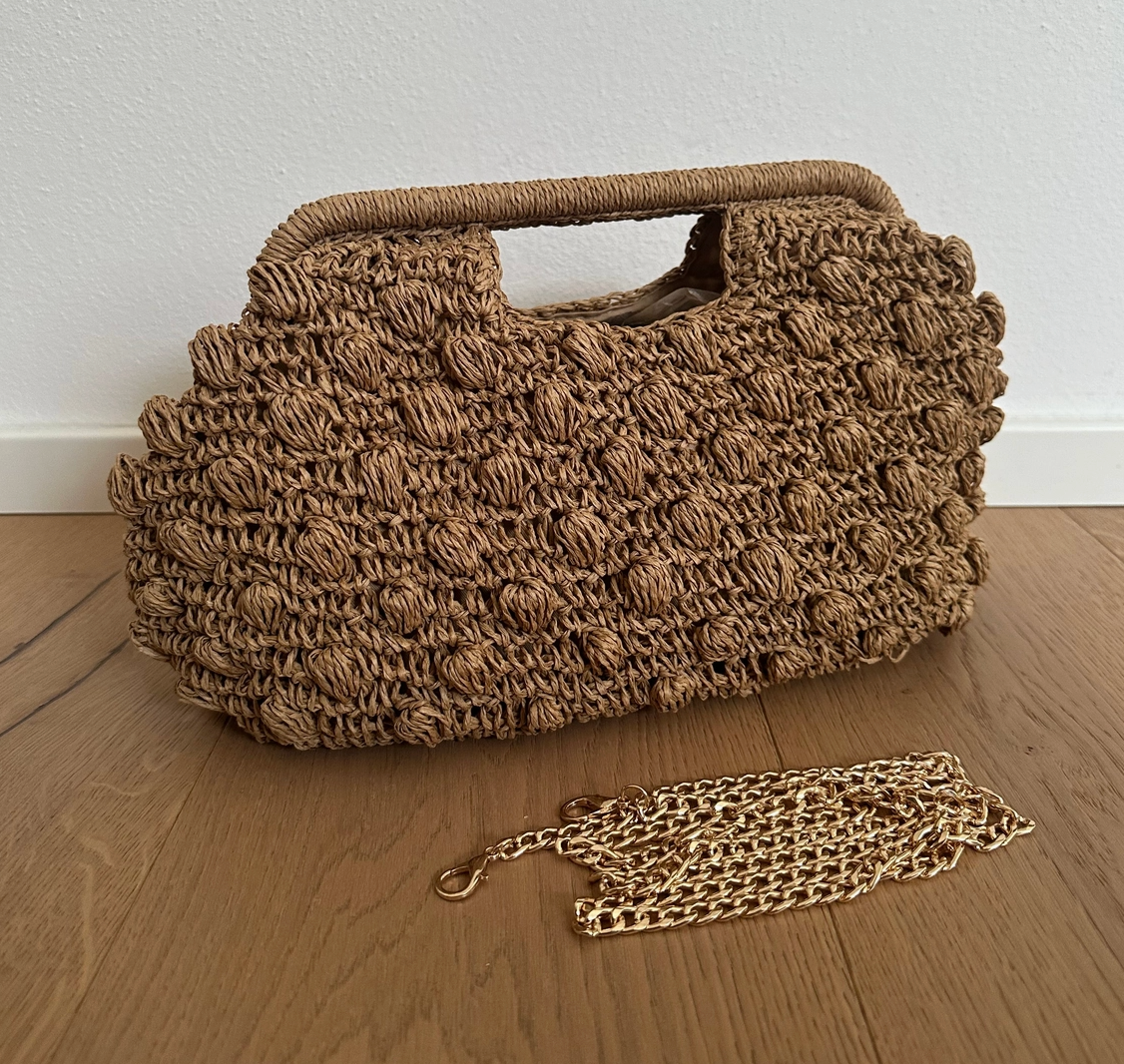Handtasche aus natürlichem Raffiabast und echtem Leder, Made in Italy
