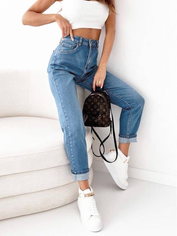 Damen Mom Fit Stretch-Jeans mit hohem Bund