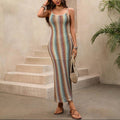 Gestreiftes Damen-Strick-Maxikleid mit Spaghettiträgern im Bodycon-Stil