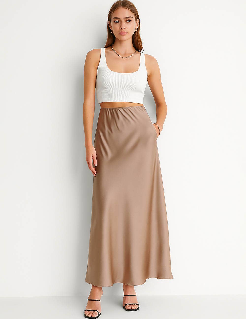 Damen Satin-Midirock in Uni-Farben