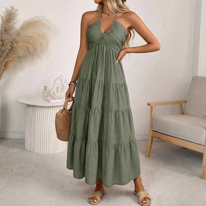 Damen Halter V-Ausschnitt Stufen Maxi Kleid Rückenfrei