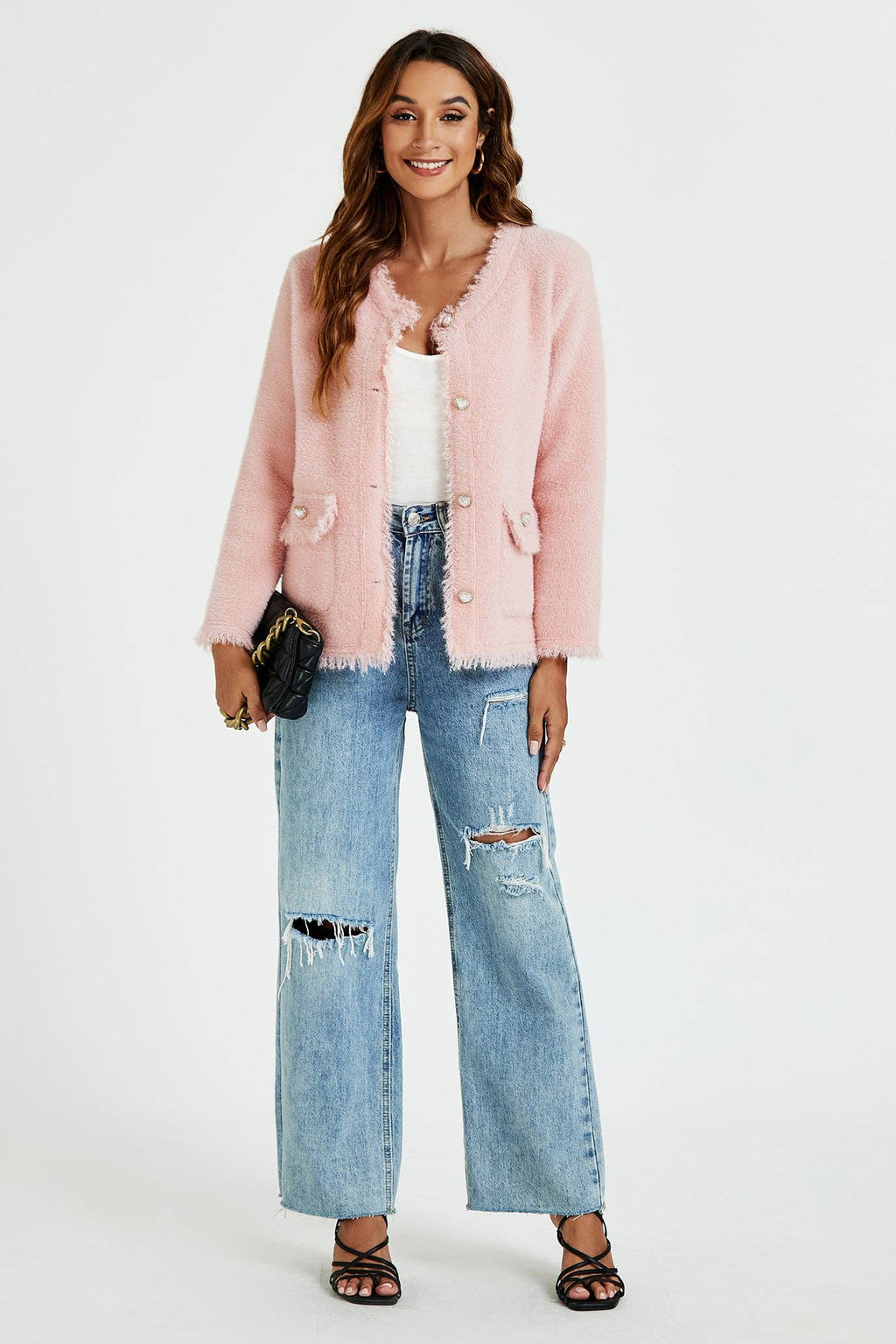 Bouclé-Jacke mit Fransen aus Baumwollmischung in Pink