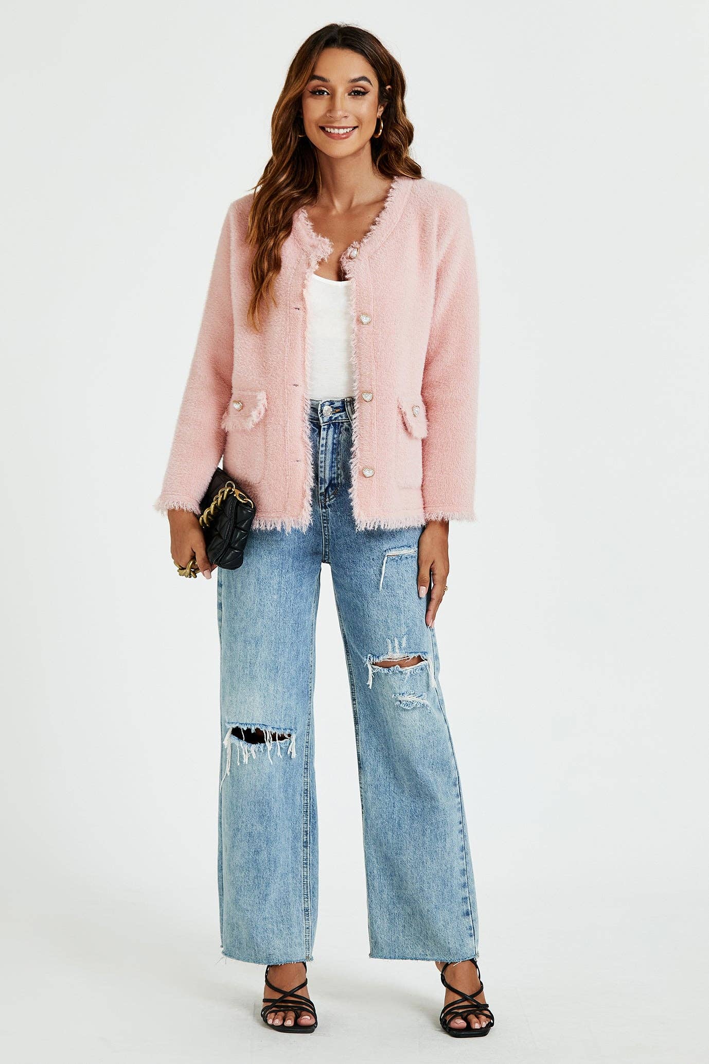 Bouclé-Jacke mit Fransen aus Baumwollmischung in Pink