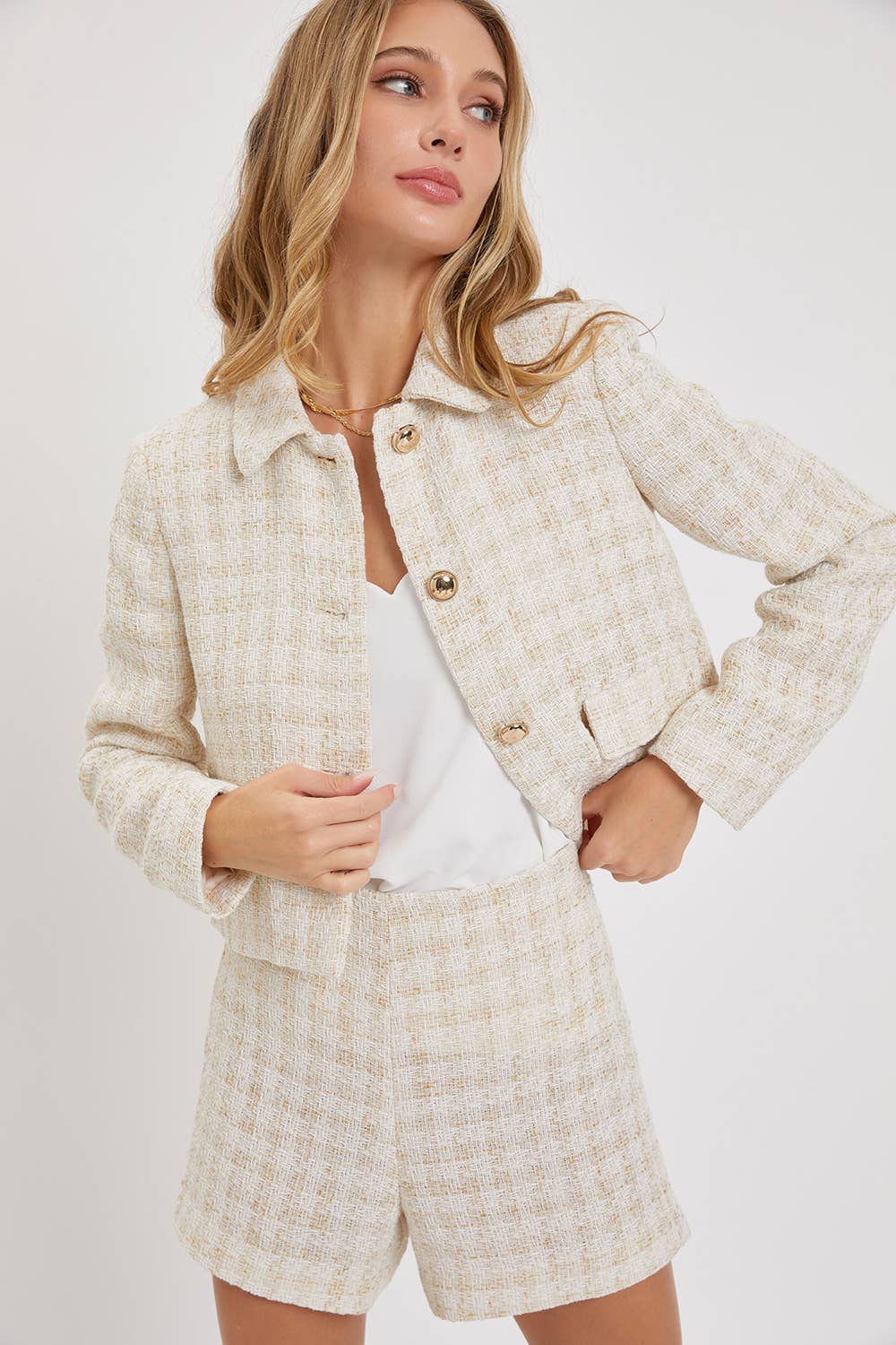 Kurze Tweedjacke/Blazer, elfenbein/gold