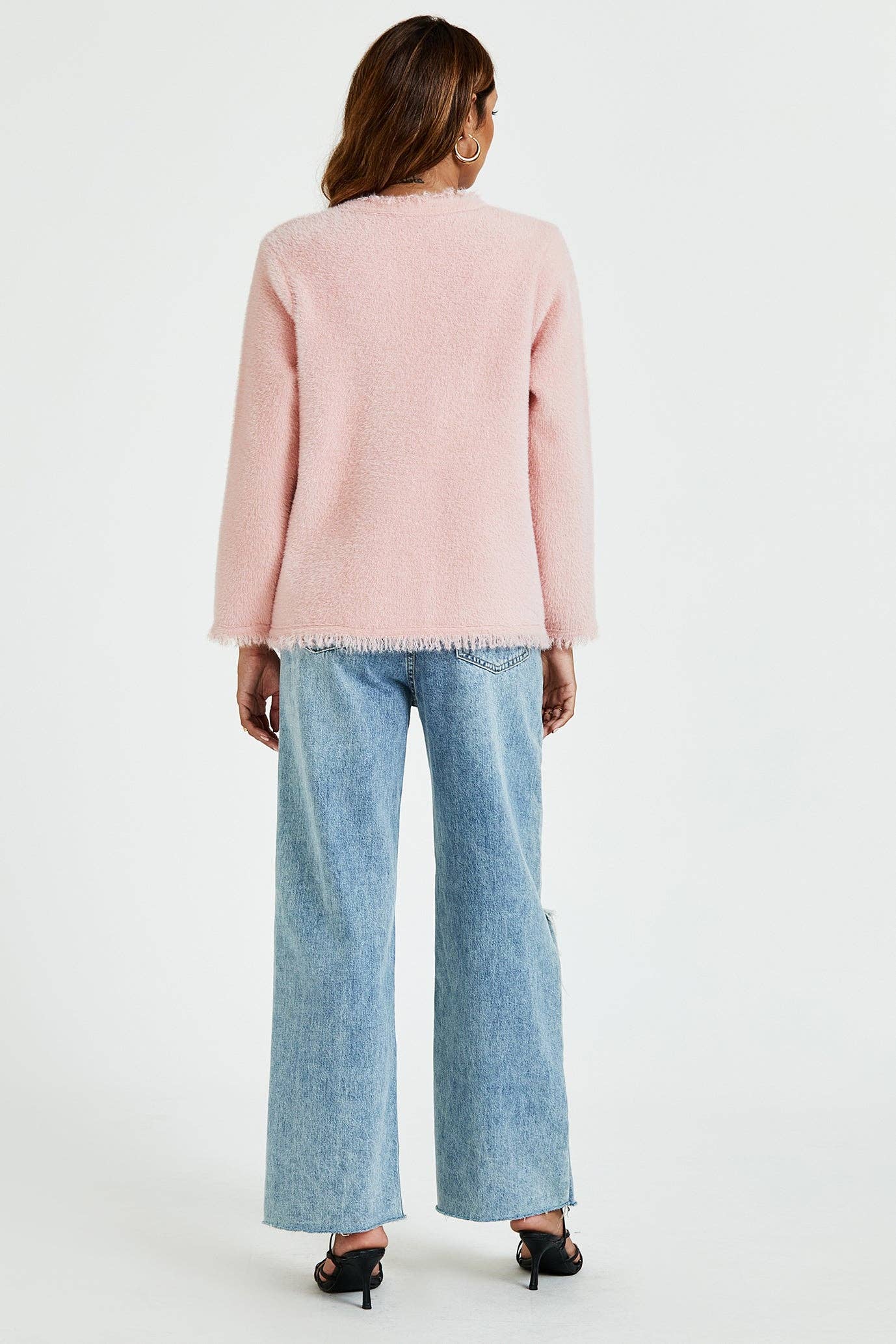 Bouclé-Jacke mit Fransen aus Baumwollmischung in Pink
