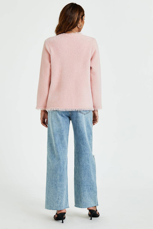 Bouclé-Jacke mit Fransen aus Baumwollmischung in Pink