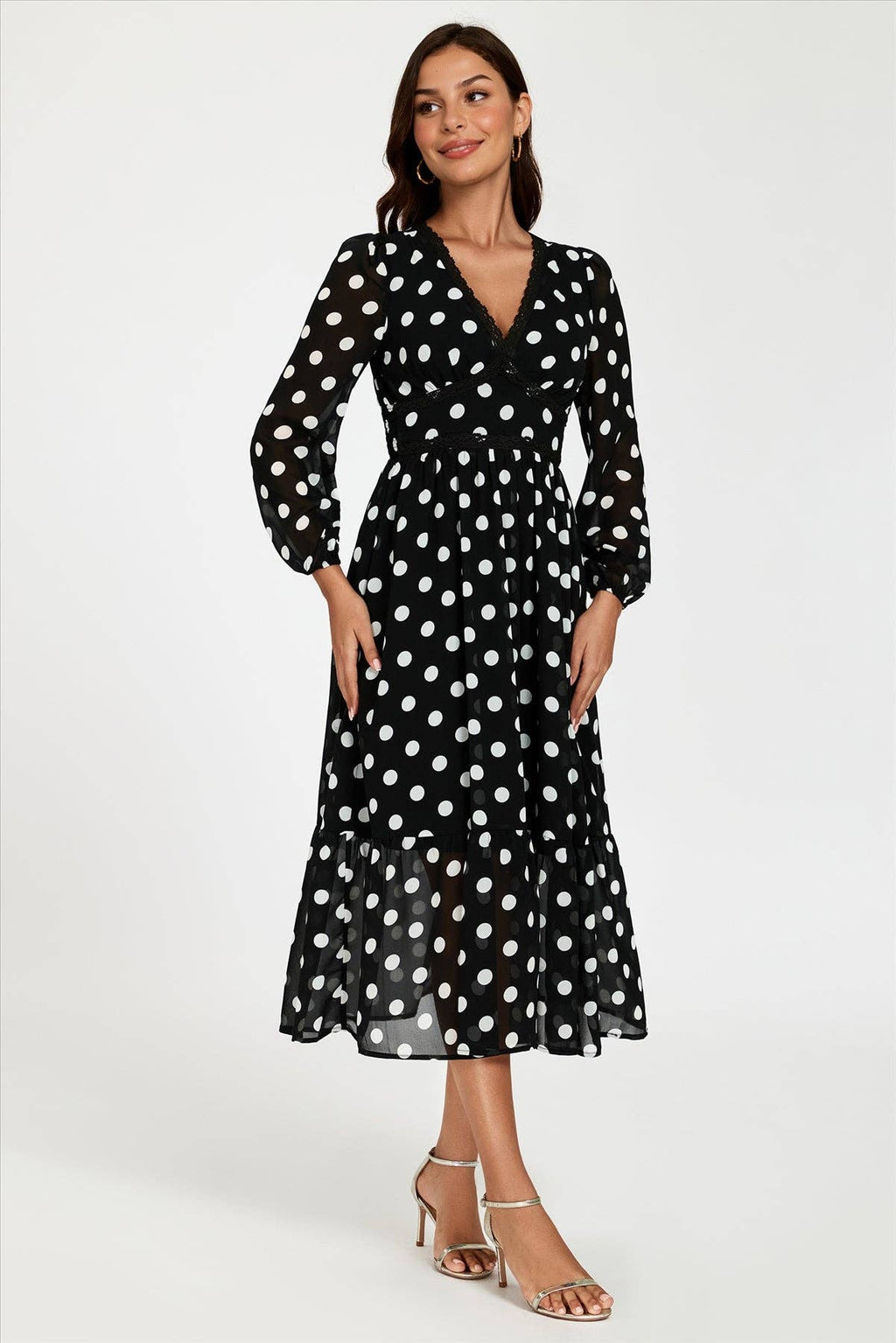 Punktdruck Spitzenbesatz Langarm Maxikleid in Schwarz