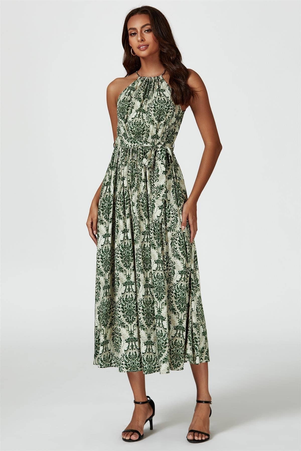 Grünes & Beiges Maxikleid mit Blumenmuster und Halterneck zum Binden